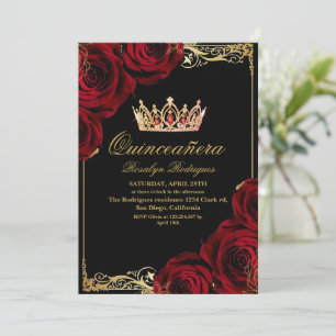 Elegant Black Gold Red Photo Quinceanera Invitation