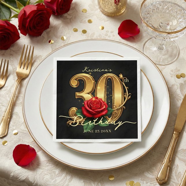 Elegant Black Gold Red Rose 30th Birthday Party Napkin (Creator Uploaded)