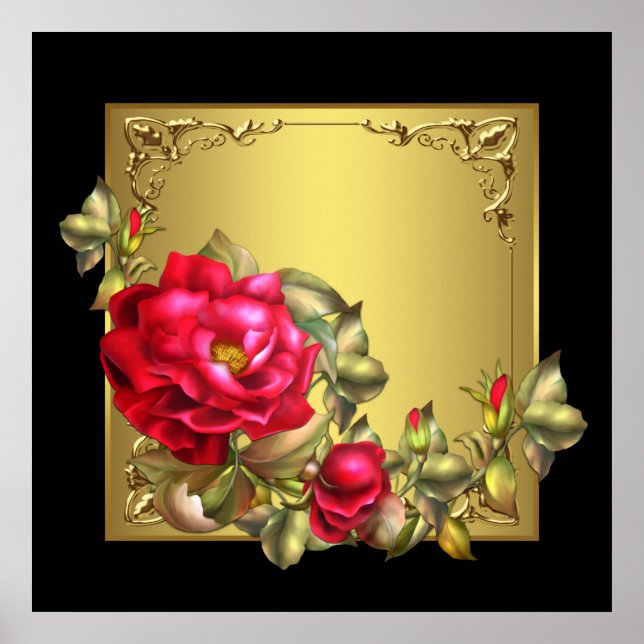 Elegant Black Gold Red Rose Art Print (Front)