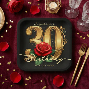 Elegant Black Gold Red Rose Floral 30th Birthday Paper Plate