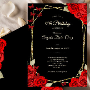 Elegant Black Gold Red Roses 18th Birthday Debut Invitation
