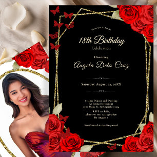 Elegant Black Gold Red Roses 18th Birthday Debut Invitation