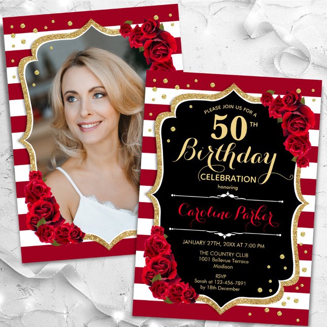 Elegant Black Gold Red Roses Photo 50th Birthday Invitation (Creator Uploaded)
