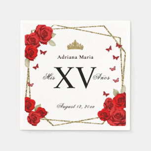 Elegant Black Gold Red Roses Quinceanera Napkin