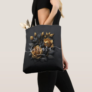 Elegant Black Gold Rose Bridesmaid Bachelorette Tote Bag