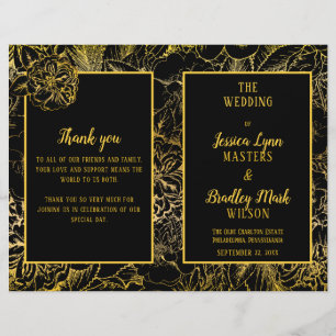 Elegant Black   Gold Rose Floral Wedding Program