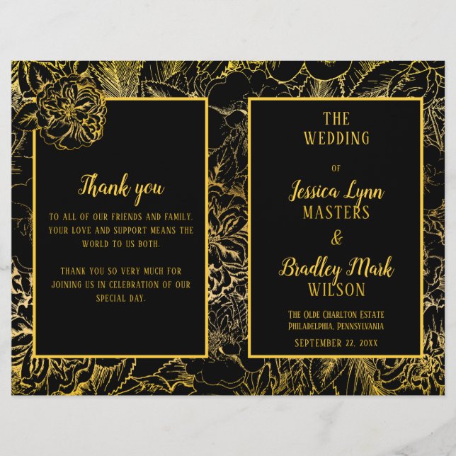 Elegant Black | Gold Rose Floral Wedding Program (Front)