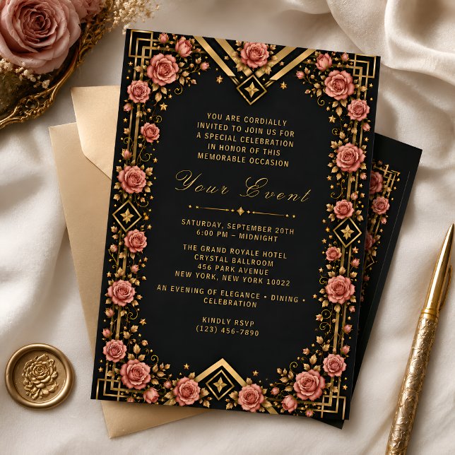 Elegant Black Gold Rose Gala Celebration Invitation (Creator Uploaded)