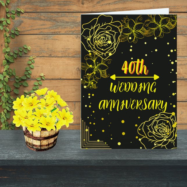 Elegant Black Gold Roses 40th Wedding Anniversary Card (Creator Uploaded)