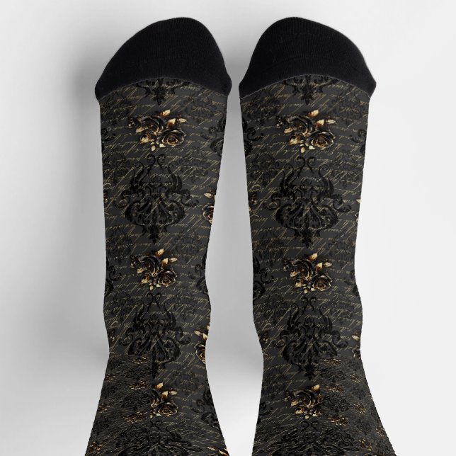 Elegant black gold roses damask gothic socks (Top)