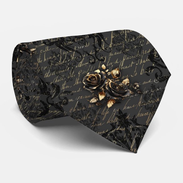Elegant black gold roses damask gothic tie (Rolled)