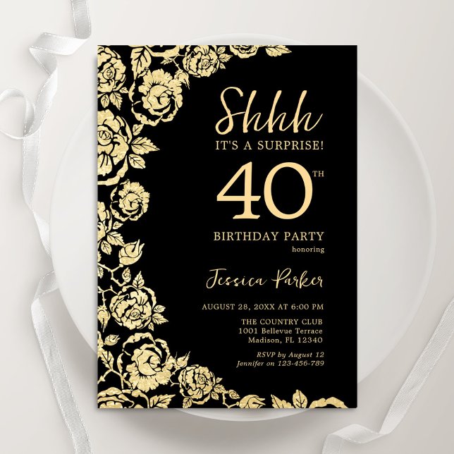Elegant Black Gold Roses Surprise 40th Birthday Invitation (Creator Uploaded)