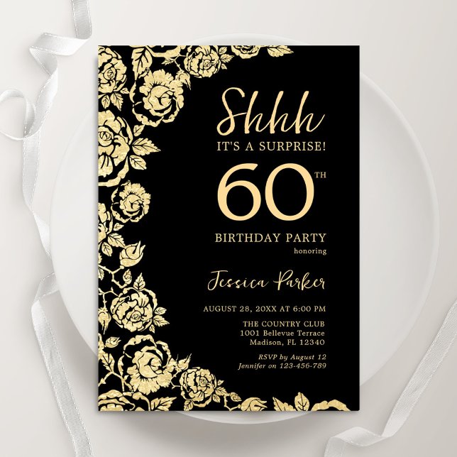Elegant Black Gold Roses Surprise 60th Birthday Invitation (Creator Uploaded)