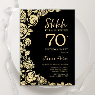 Elegant Black Gold Roses Surprise 70th Birthday Invitation