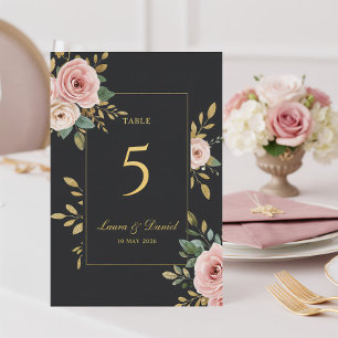 Elegant Black & Gold Roses Wedding Table Number