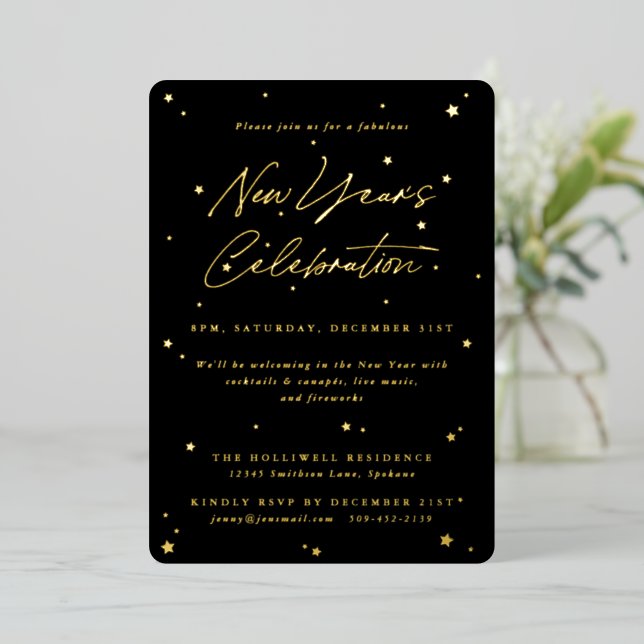Elegant Black+Gold Scattered Stars New Years Party (Standing Front)