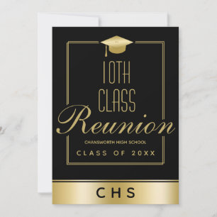 Elegant Black Gold Script 10th Class Reunion Invitation