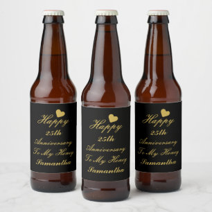 Elegant Black Gold Script 25th Happy Anniversary   Beer Bottle Label