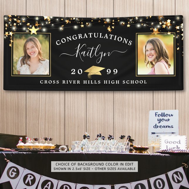 Elegant Black Gold Script 2 Photo Graduation Banner (Creator Uploaded)