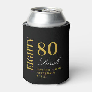 Elegant Black & Gold Script 80th Birthday Party Can Cooler
