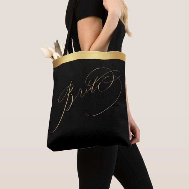 Elegant Black Gold Script Bride Wedding Tote Bag (Close Up)
