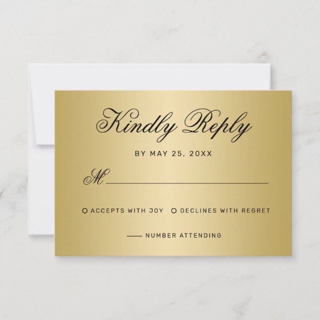 Elegant Black Gold Script Calligraphy Wedding RSVP Card (Front)