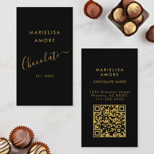 Elegant Black Gold Script Chocolate Qr Code Business Card