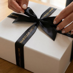 Elegant Black Gold Script Chocolate Satin Ribbon