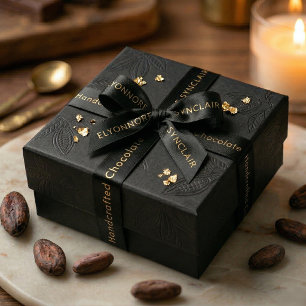 Elegant Black Gold Script Chocolate Satin Ribbon