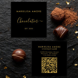 Elegant Black Gold Script Chocolatier Qr Code Square Business Card