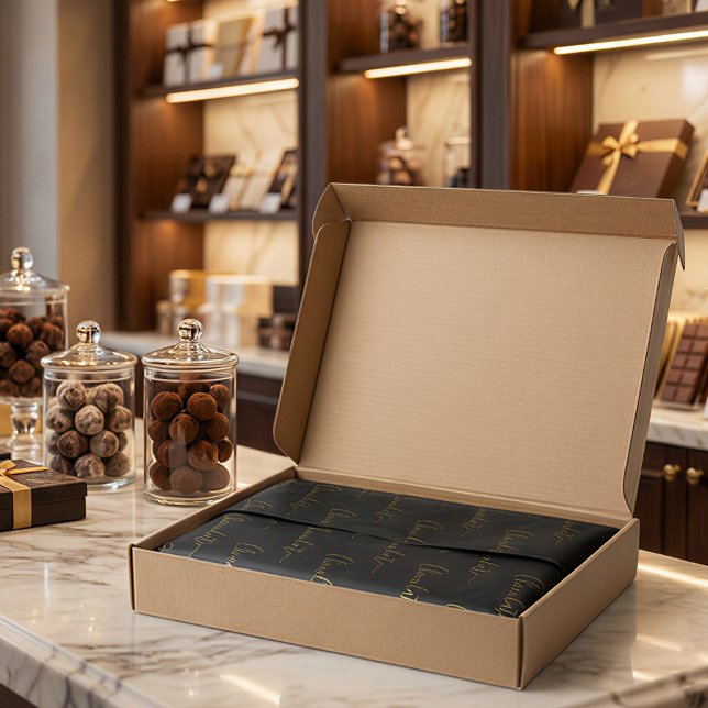 Elegant Black Gold Script Chocolatier Qr Code Tissue Paper (Creator Uploaded)