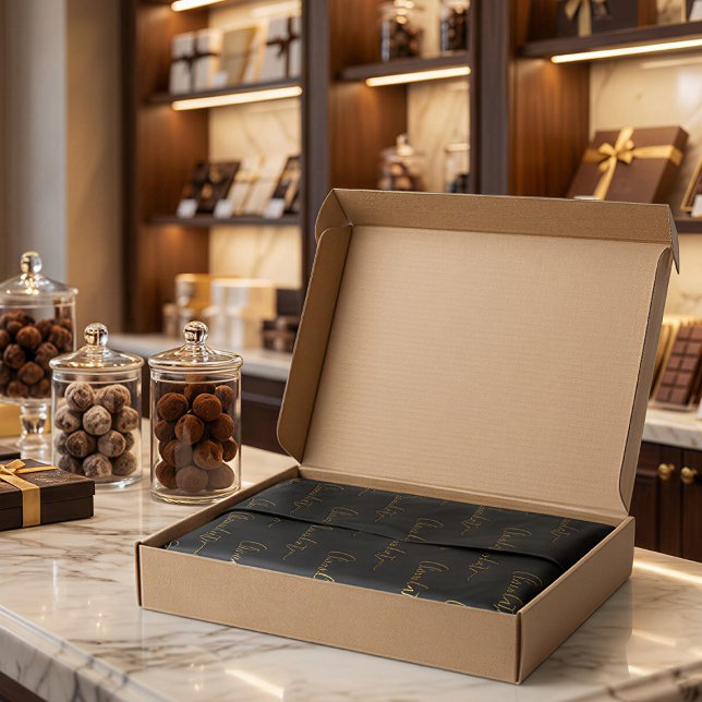 Elegant Black Gold Script Chocolatier Qr Code Tissue Paper (Creator Uploaded)