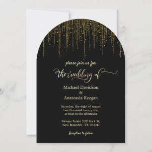 elegant black gold script dripping glitter wedding invitation
