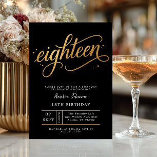 Elegant Black & Gold Script Eighteen 18th Birthday Invitation