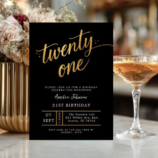 Elegant Black & Gold Script Eighteen 21st Birthday Invitation