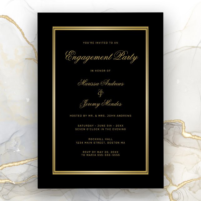 Elegant Black Gold Script Engagement Party Invitation (Elegant Black and Gold Engagement Party Invitation)