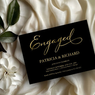 Elegant Black Gold Script Engagement Party Invitation