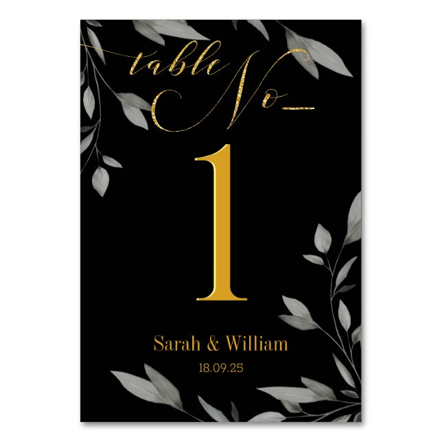 Elegant Black Gold Script Eucalyptus Leaves Table Number (Front)