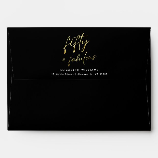 Elegant Black Gold Script Fifty and Fabulous Envelope (Back (Top Flap))