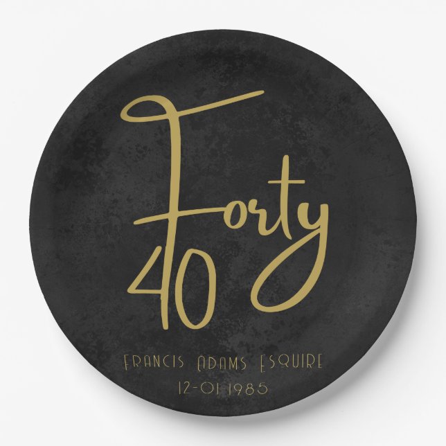 Elegant Black & Gold Script Forty Modern Birthday Paper Plate (Front)