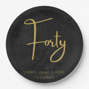 Elegant Black & Gold Script Forty Modern Birthday Paper Plate
