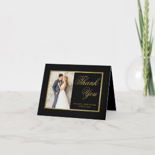 Elegant Black Gold Script Heart Photo Wedding Thank You Card