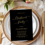 Elegant Black Gold Script Holiday Christmas Party Invitation<br><div class="desc">Modern Chic Calligraphy Script Minimalist Black and Gold Christmas Party Invitations is perfect for a simple Christmas event. Features an elegant „Christmas Party” text in a beautiful hand lettered swirly swash-tail font script in black and gold. Easy to personalise with your name and party details.</div>