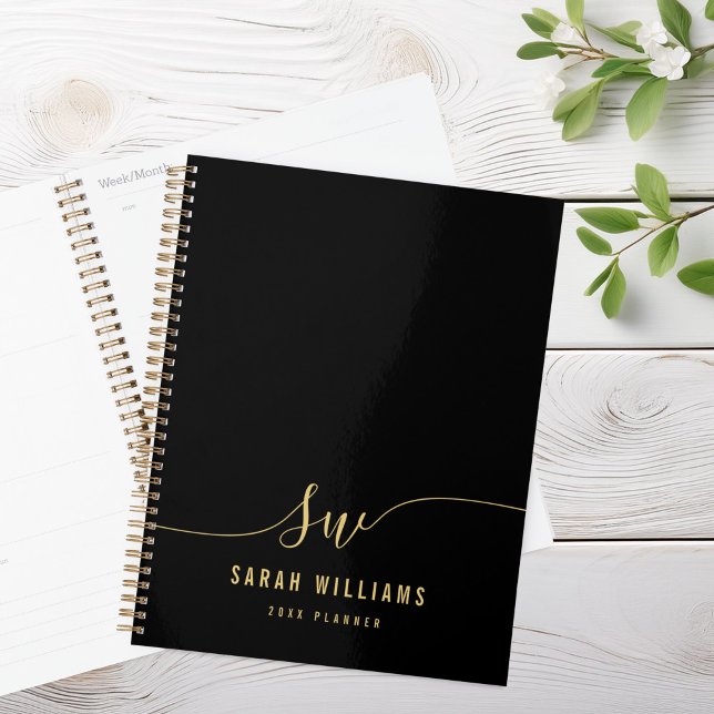 Elegant Black Gold Script Initial Monogram  Planner (Creator Uploaded)
