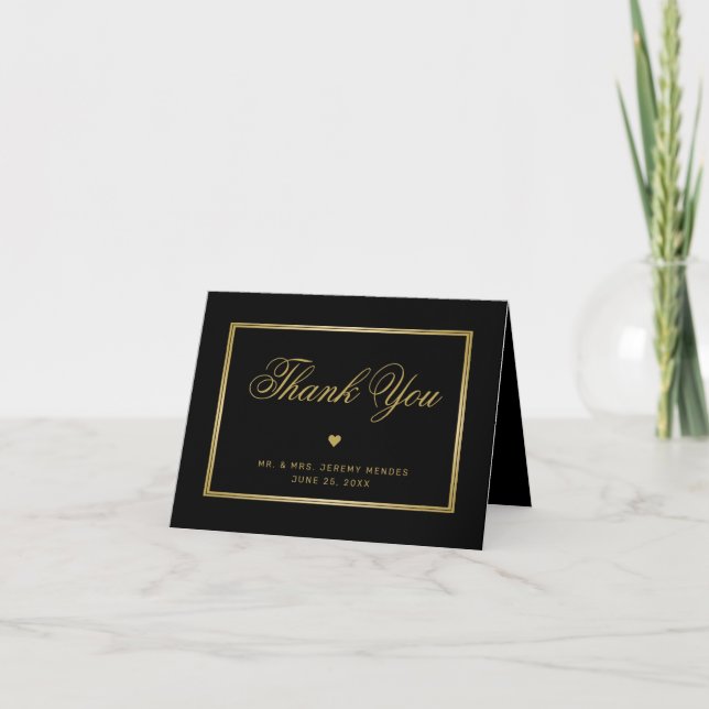 Elegant Black Gold Script Inside Photo Wedding Thank You Card (Front)