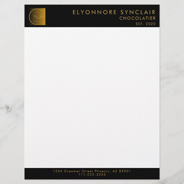 Elegant Black Gold Script Logo Chocolatier  Custom Letterhead (Front)