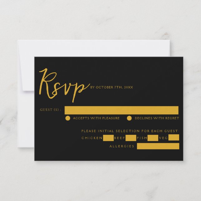 Elegant Black & Gold Script Meal Choice Wedding RSVP Card (Front)