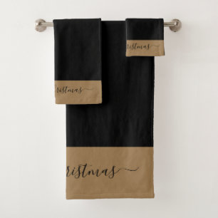 Elegant black gold script Merry Christmas Bath Towel Set