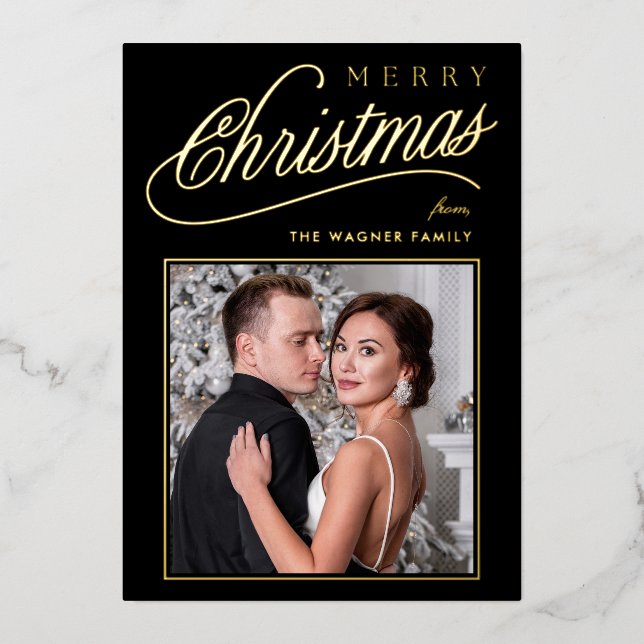 Elegant Black & Gold Script Merry Christmas Photo (Front)