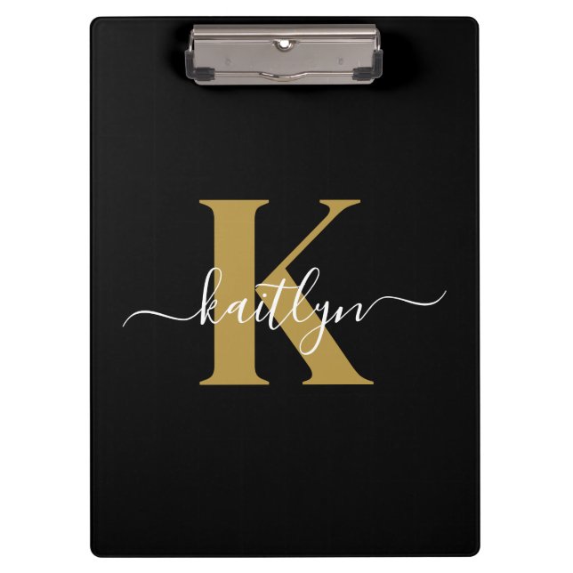 Elegant Black Gold Script Monogram Clipboard (Front)
